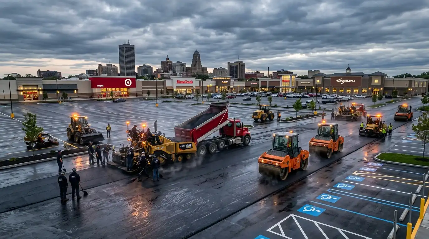 Before and after parking lot repair project in Tonawanda, New York 14150